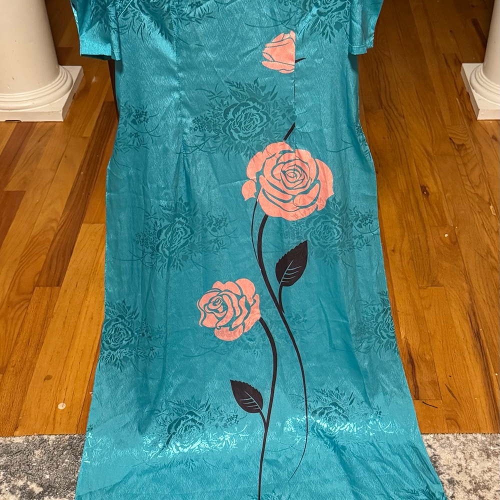 Teal Dress with Pink Floral Design